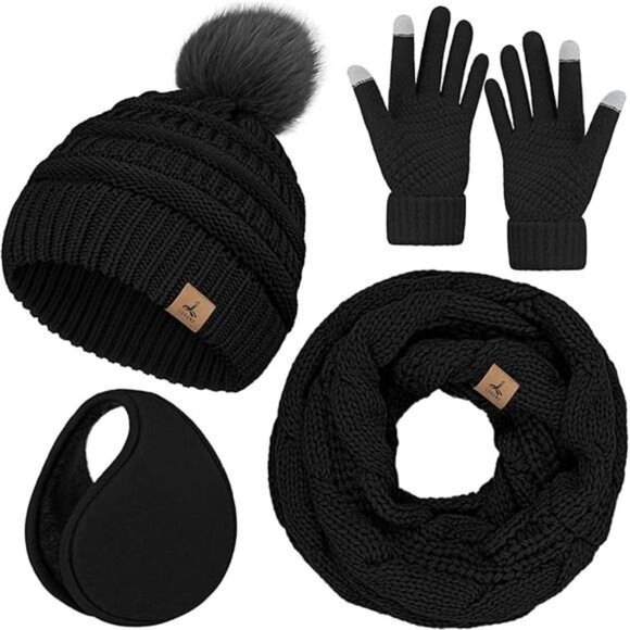 Winter Hat Scarf Gloves and Ear Warmer, Warm Knit Beanie Hat Touch Screen Gloves - Picture 7 of 7